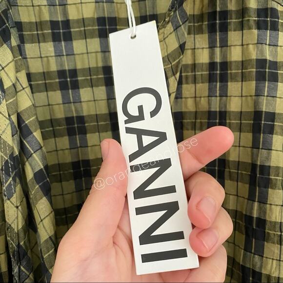 NWT GANNI Green Black Seersucker Wrap Collar Top M - Picture 12 of 14